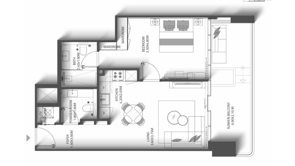Планировка квартиры 1 спальня в ЖК REEF 998 Residences № 11010 (2D)