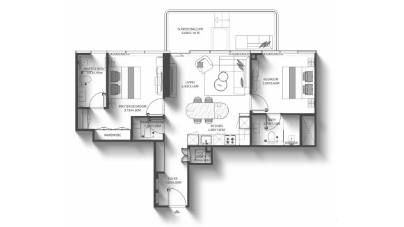 Планировка квартиры 2 спальни в ЖК REEF 998 Residences № 11012 (2D)