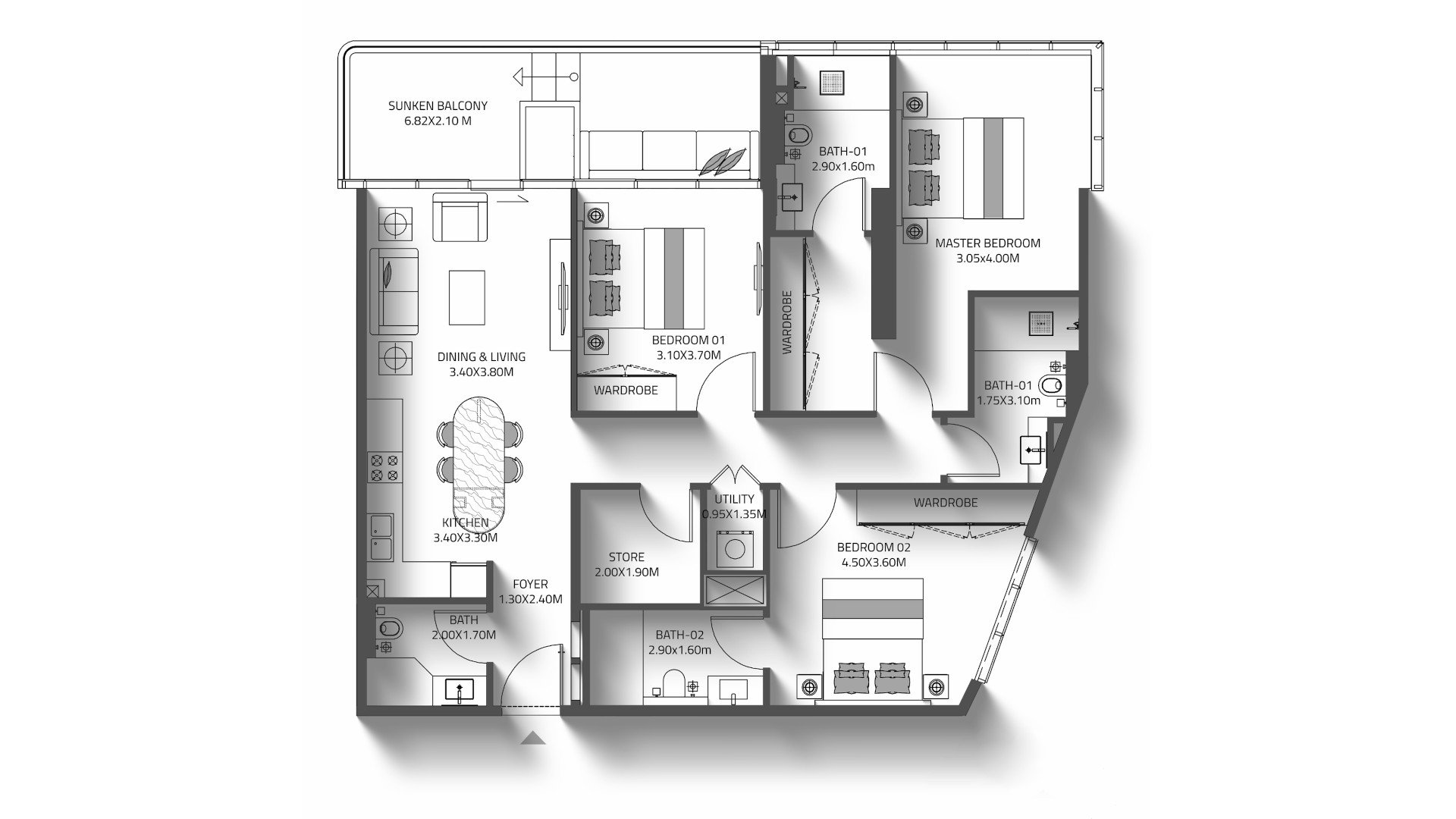 Планировка квартиры 3 спальни в ЖК REEF 998 Residences № 11013
