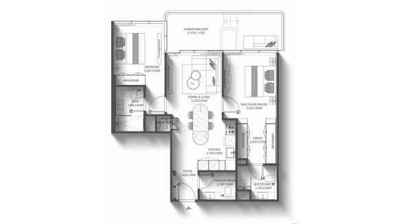Apartment floor plan, 2 bedrooms in REEF 998 Residences No. 11011 (2D)